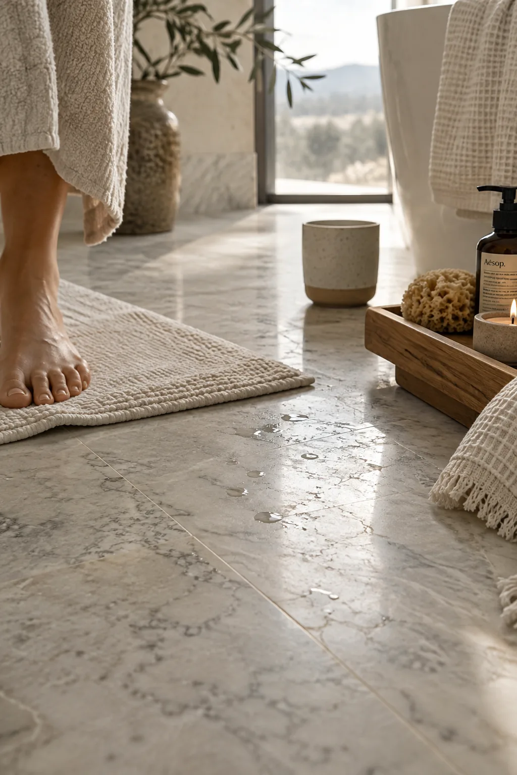 Matte finish honed marble bathroom countertop with subtle veining