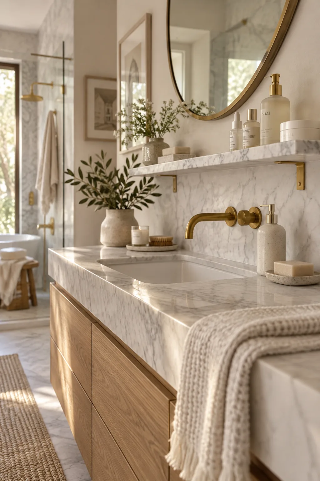 Small marble floating shelf mounted below a bathroom mirror holding skincare products