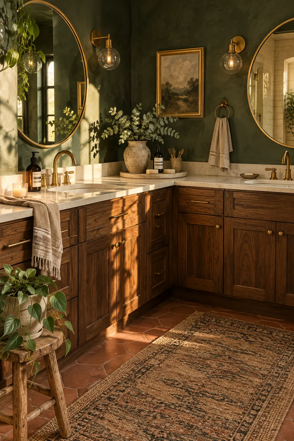 Custom L-shaped corner vanity with double sinks in a bright master bathroom