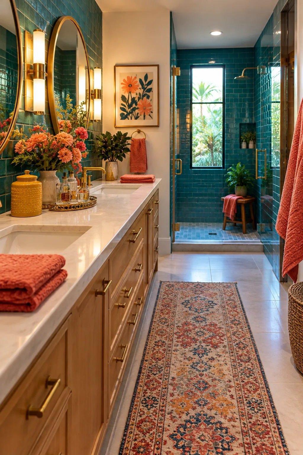Narrow master bathroom with a long vanity across from a glass shower