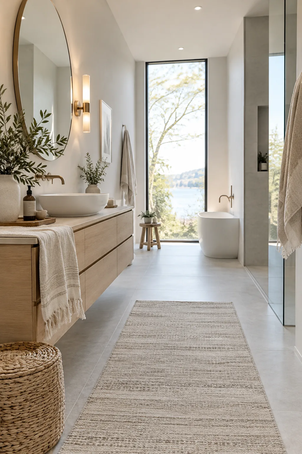Floating double vanity in a modern master bathroom showing floor tile underneath