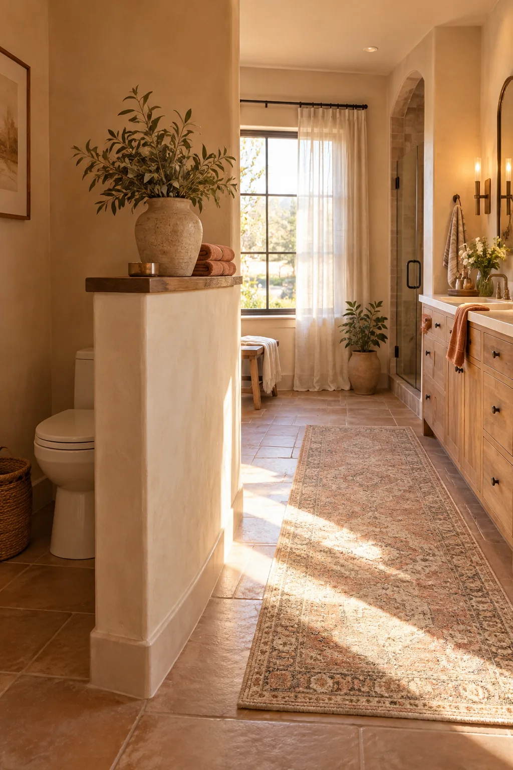 Master bathroom toilet hidden behind a tiled half wall next to the vanity