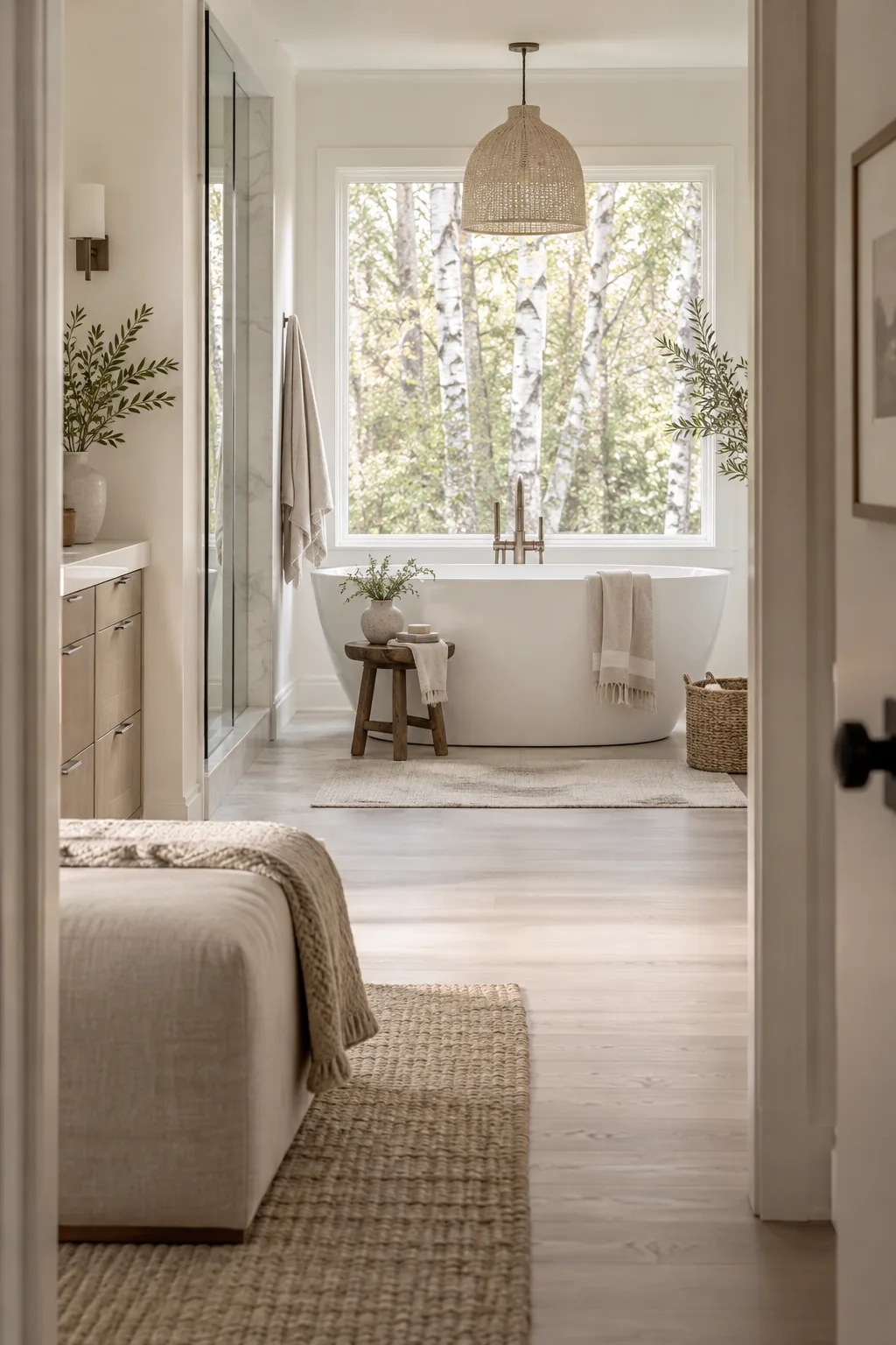 White freestanding tub centered perfectly under a large bathroom window