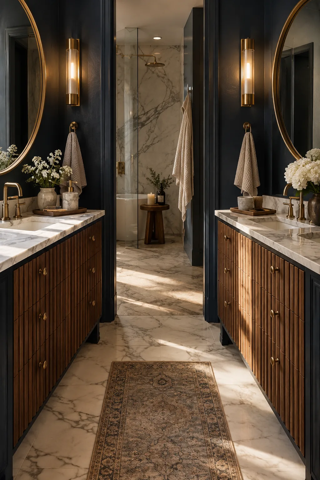 Two separate single vanities facing each other in a symmetrical master bathroom