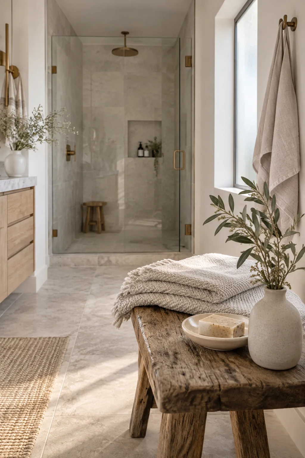 Master bathroom with the shower spanning the entire back wall opposite the door