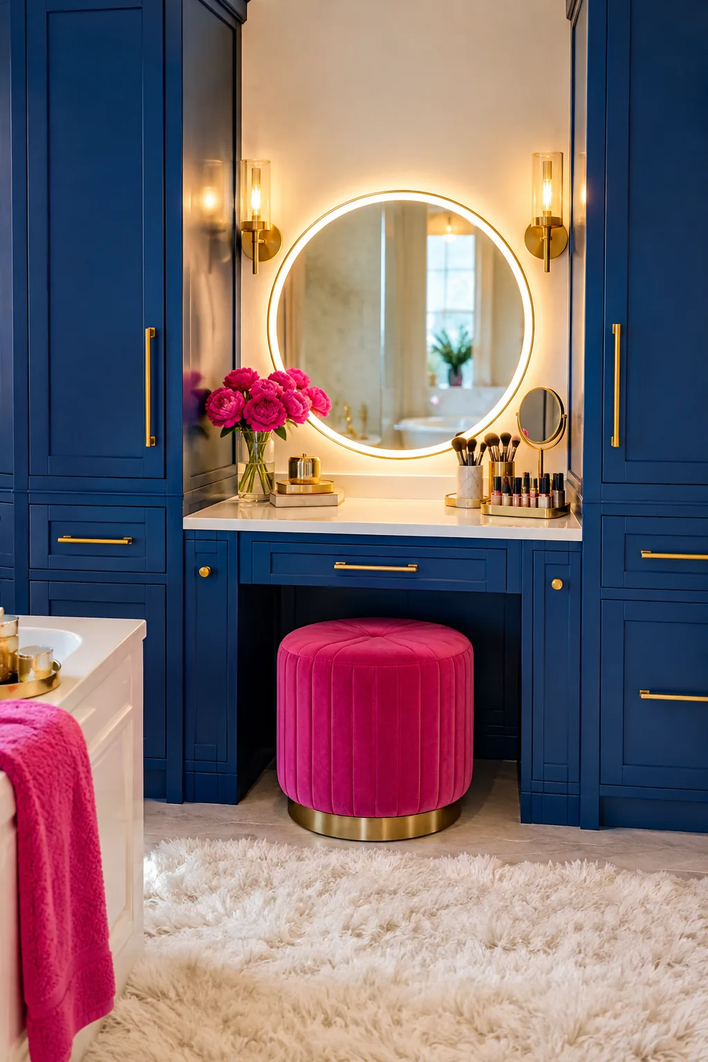 Lowered makeup vanity situated between two tall bathroom storage cabinets