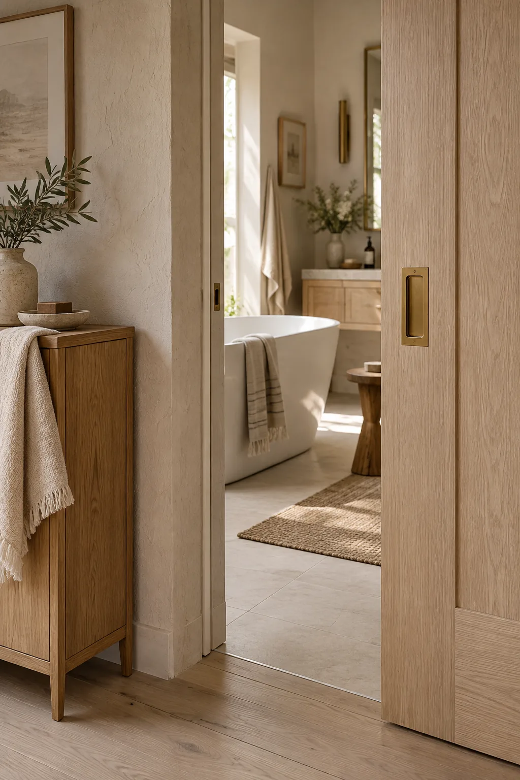 Wooden pocket door sliding into the wall of a master bathroom