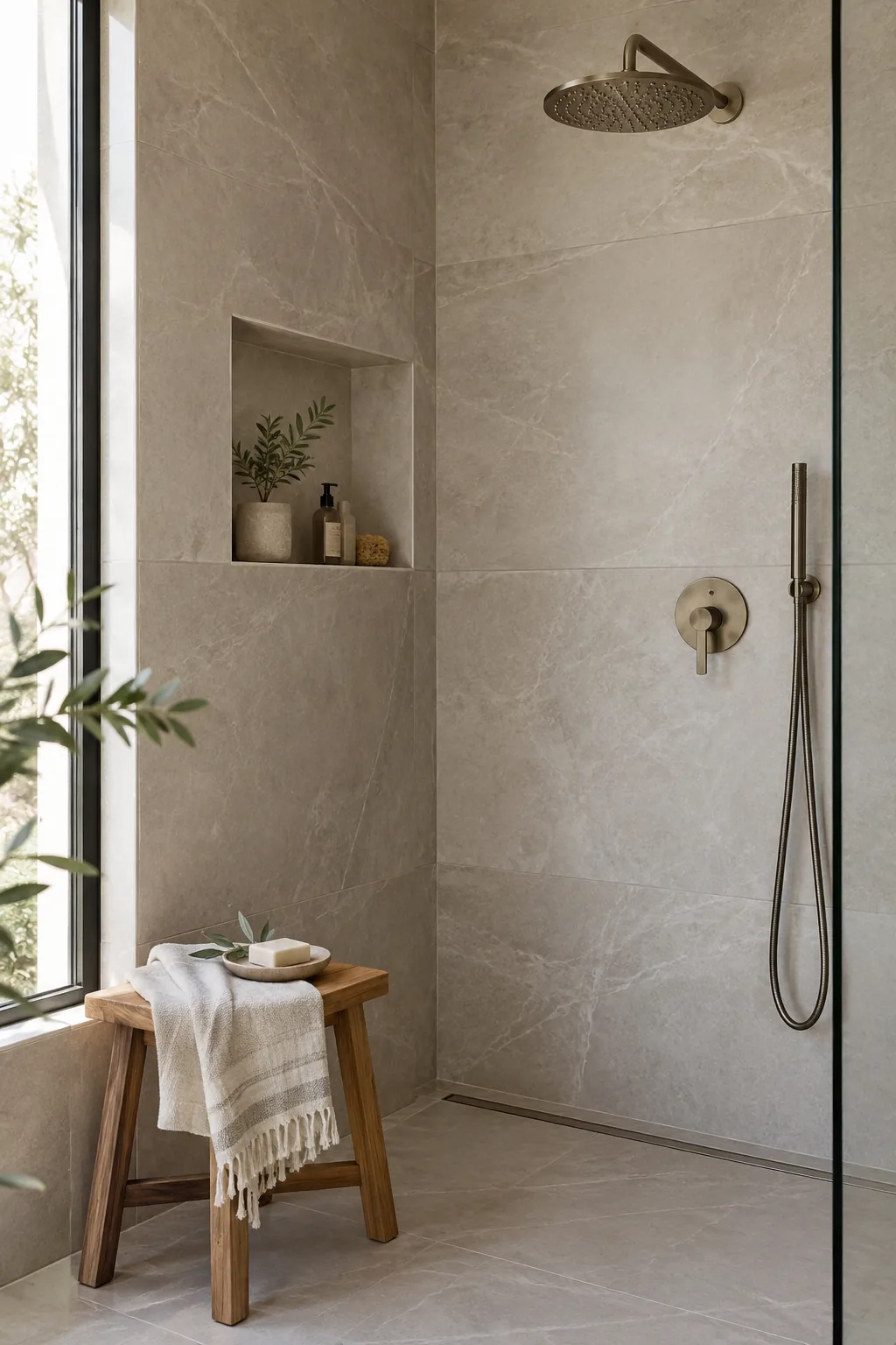 Master bathroom walk in shower featuring large format gray porcelain tiles on the walls
