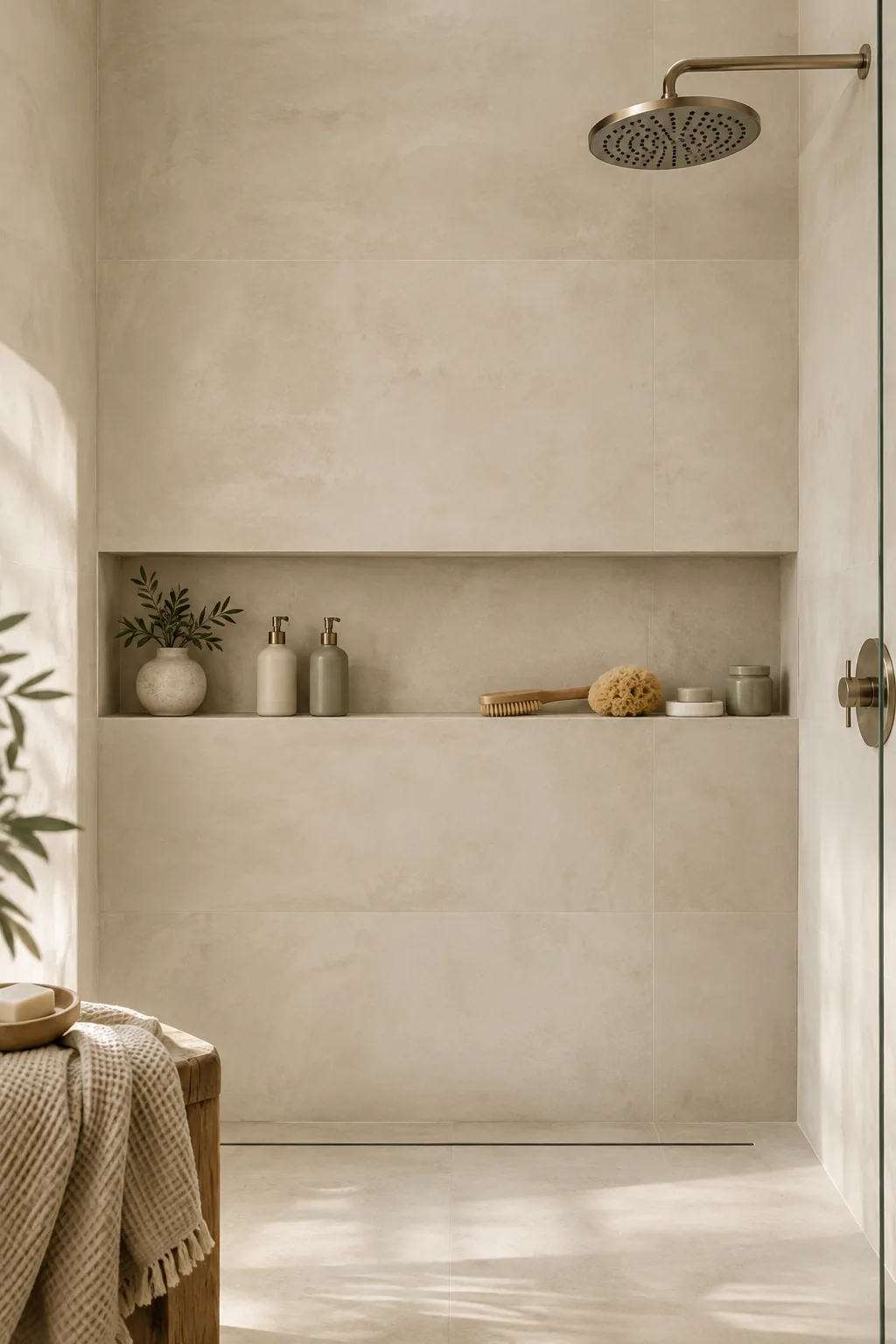 Wide horizontal shower niche spanning the entire back wall of a walk in shower