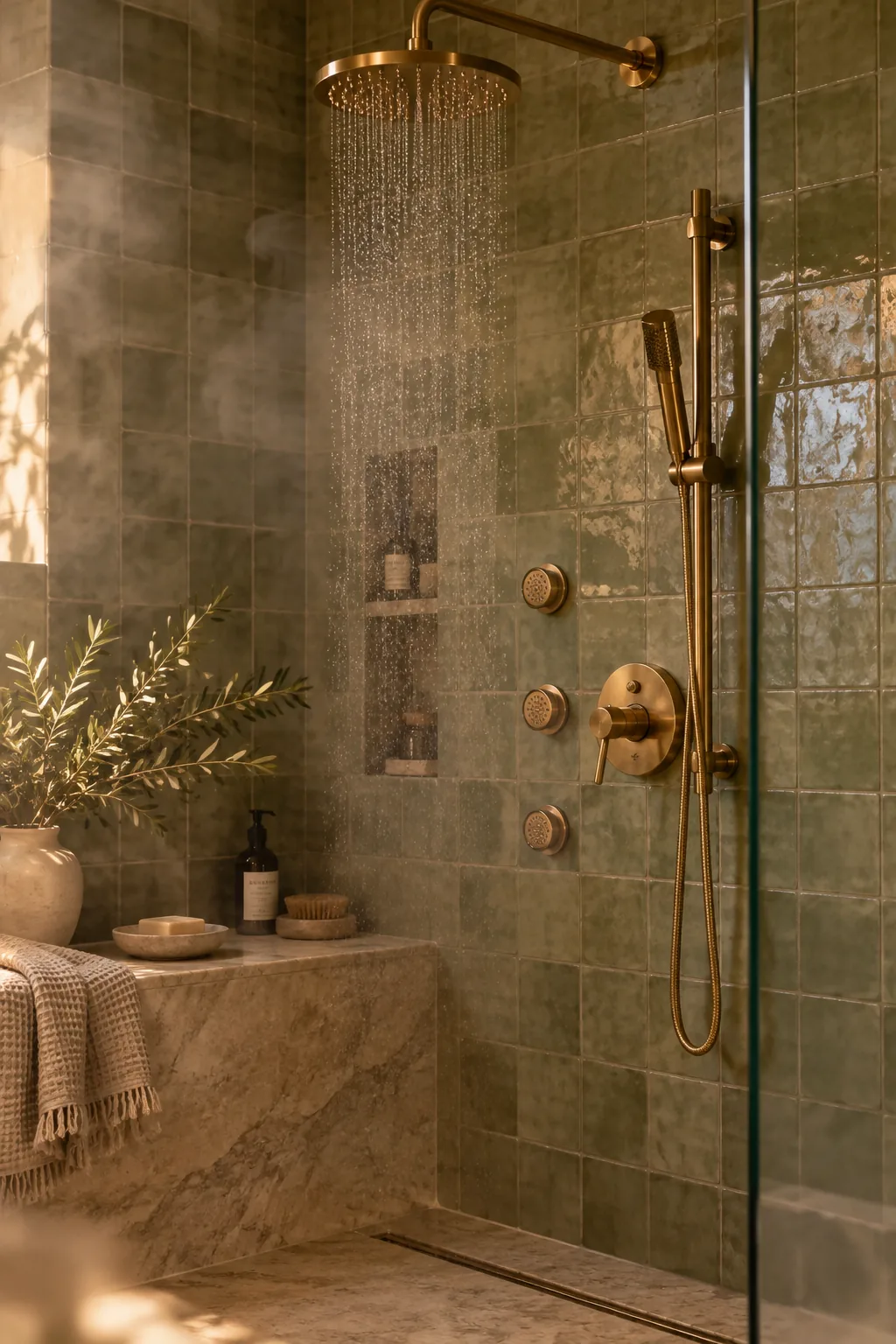 Walk in shower featuring a ceiling rain shower head, handheld wand, and body sprays
