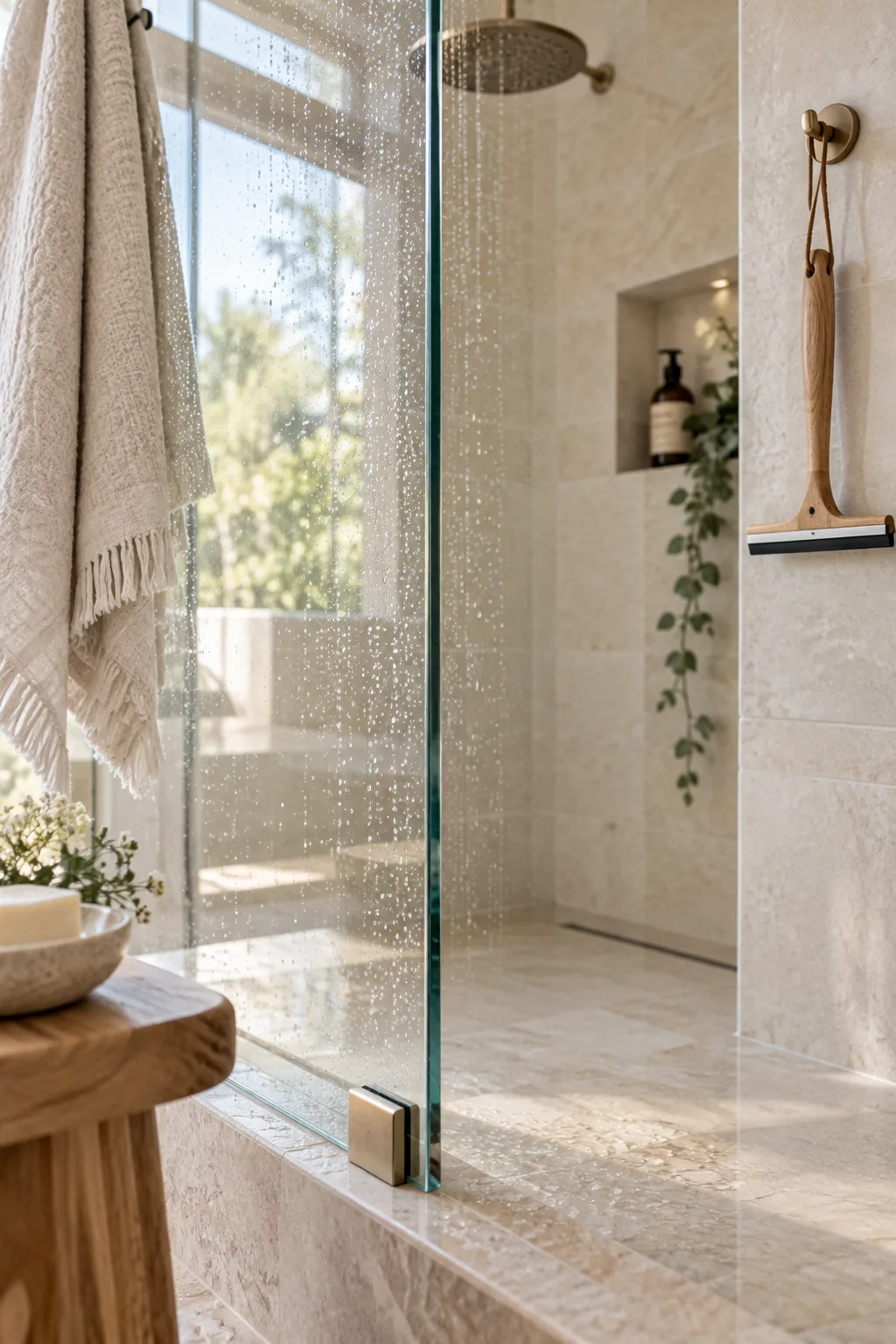 Master bathroom with a completely frameless glass shower enclosure letting in natural light