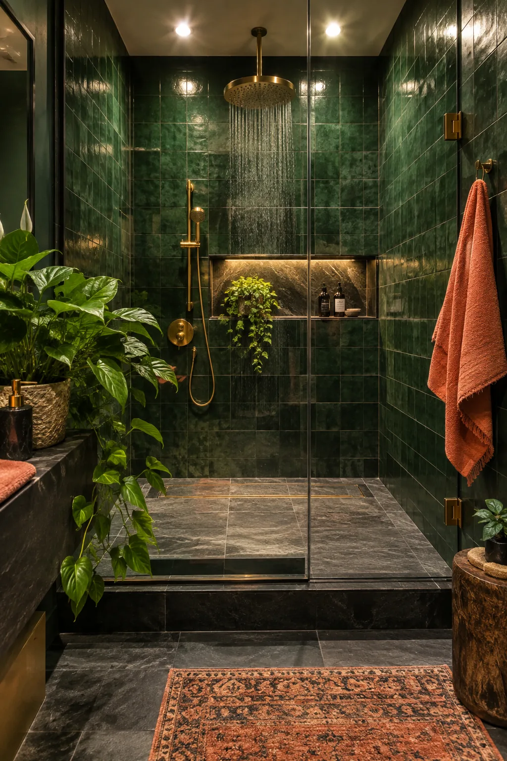 Walk in shower featuring charcoal slate tiles and warm brass plumbing fixtures