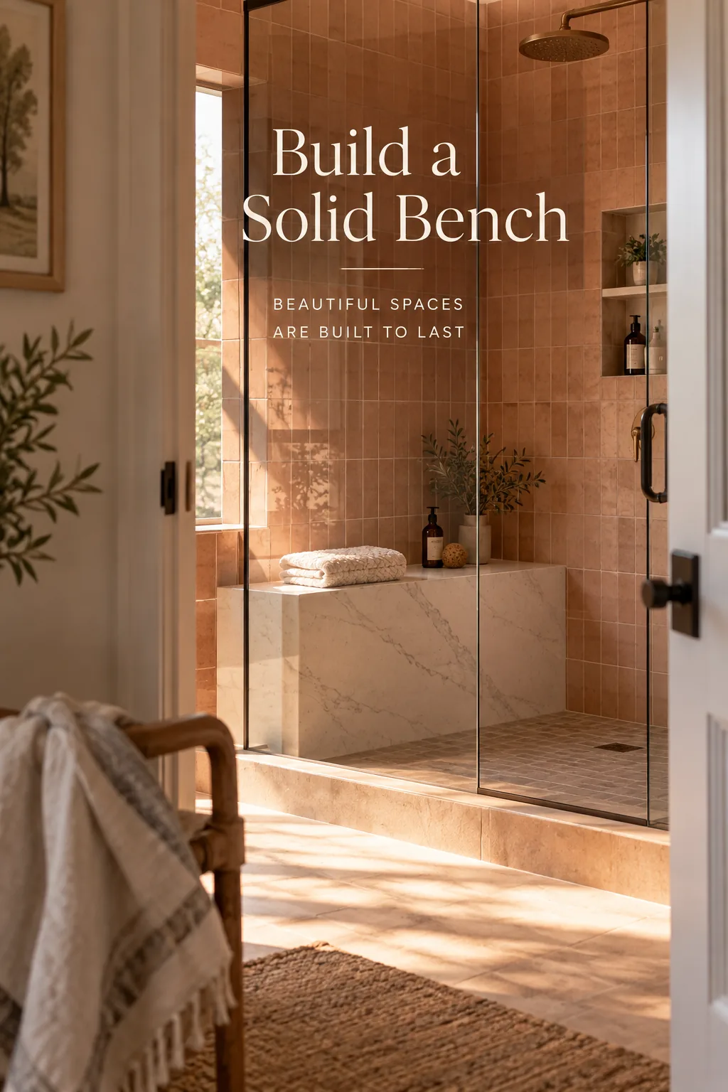 Built-in shower bench capped with a solid piece of white quartz