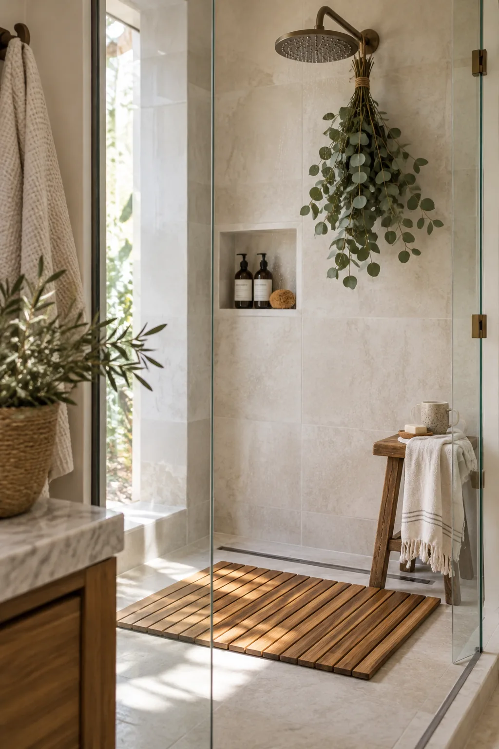 Walk in shower with a slatted teak floor mat and fresh eucalyptus hanging from the showerhead