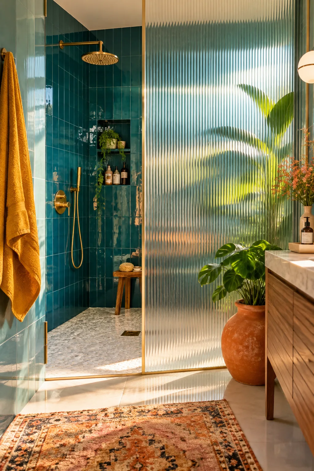 Fluted glass partition wall in a master bathroom shower