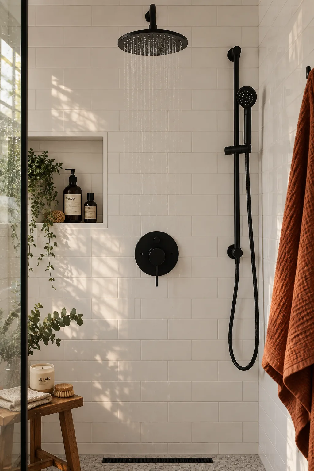 Matte black shower fixtures installed against crisp white subway tile