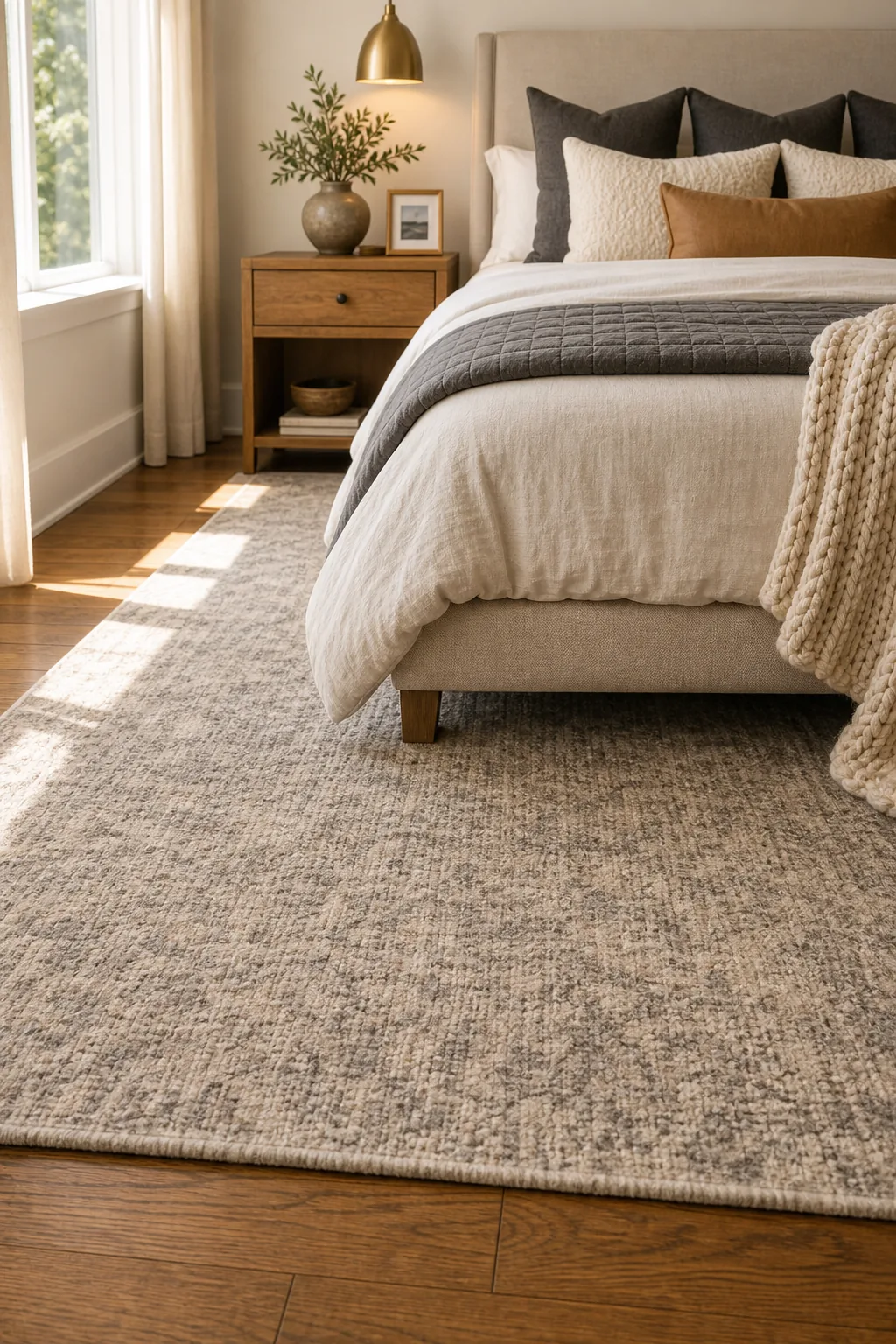 A large textured area rug extending past the foot and sides of a king-size bed on hardwood floors.
