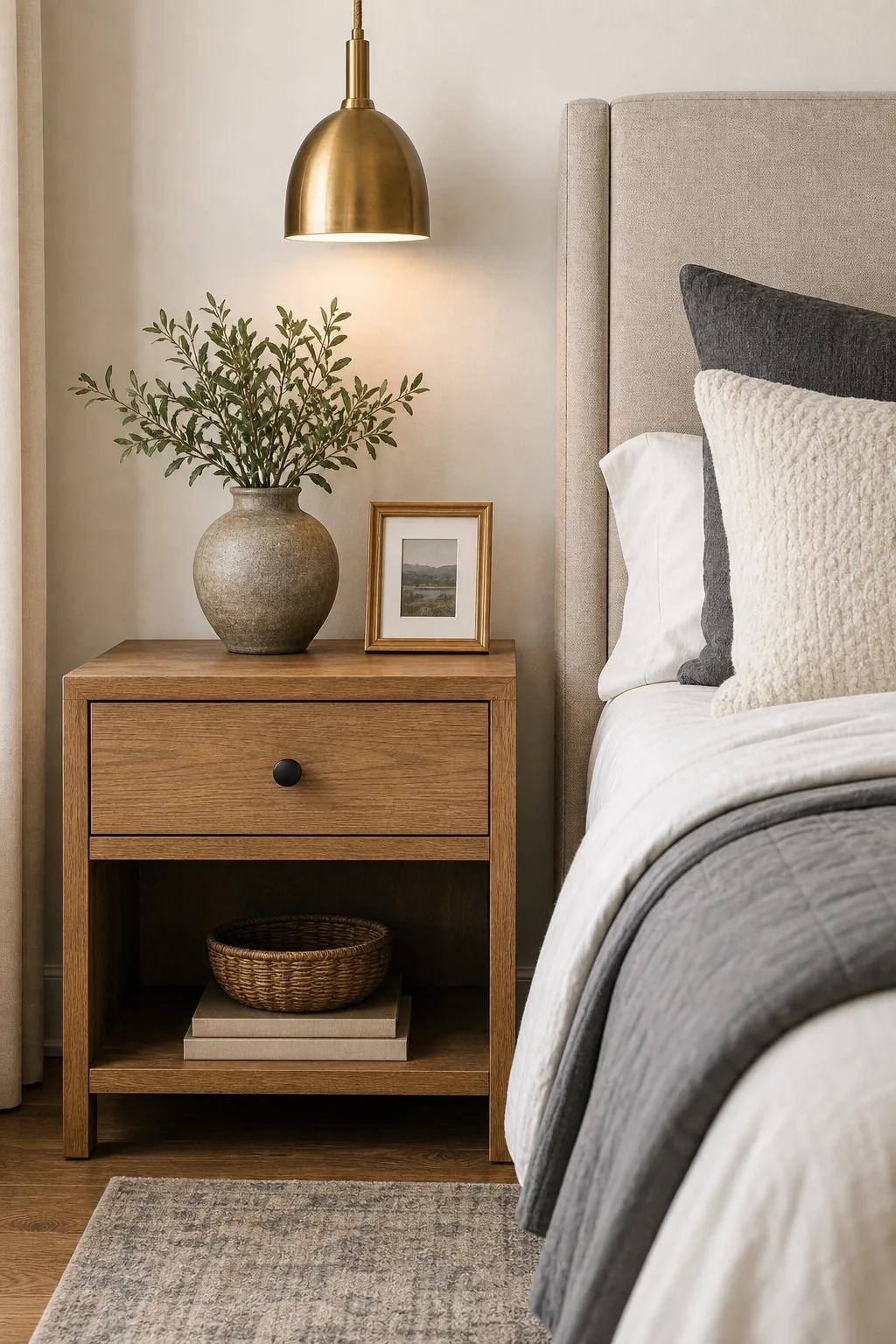 A warm wood nightstand styled with a vase and framed photo, positioned slightly away from an upholstered bed frame.