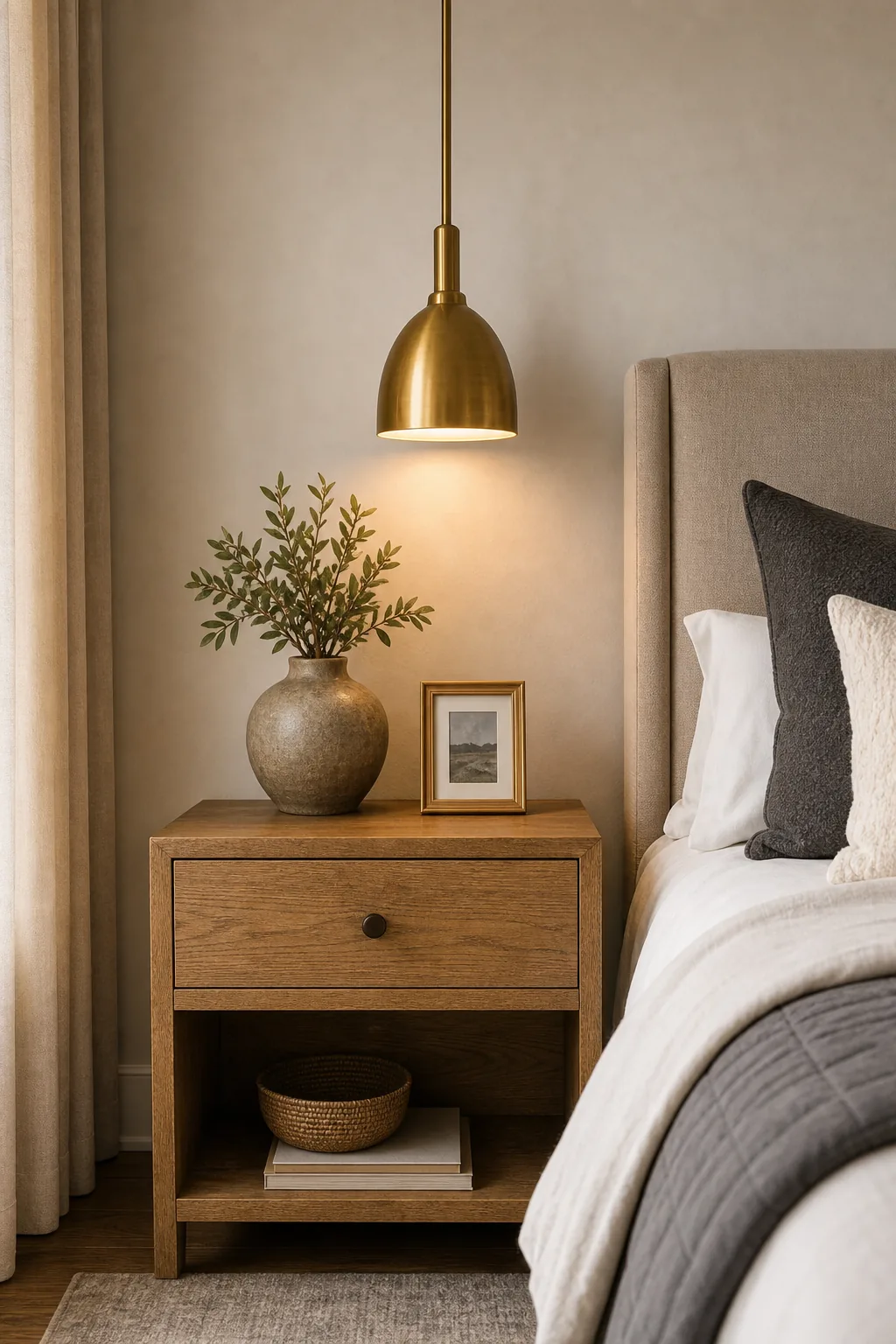 A warm brass pendant light hanging above a styled wood nightstand against a beige wall.