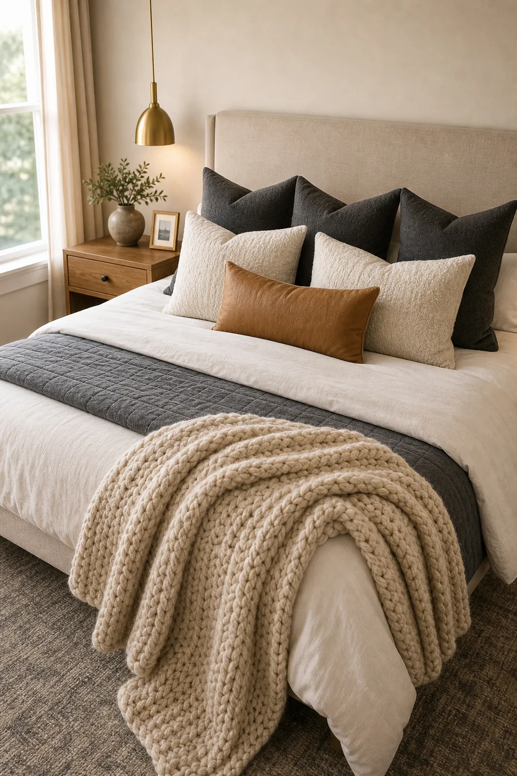 A layered arrangement of dark Euro shams, light textured pillows, and a leather lumbar on a bed.