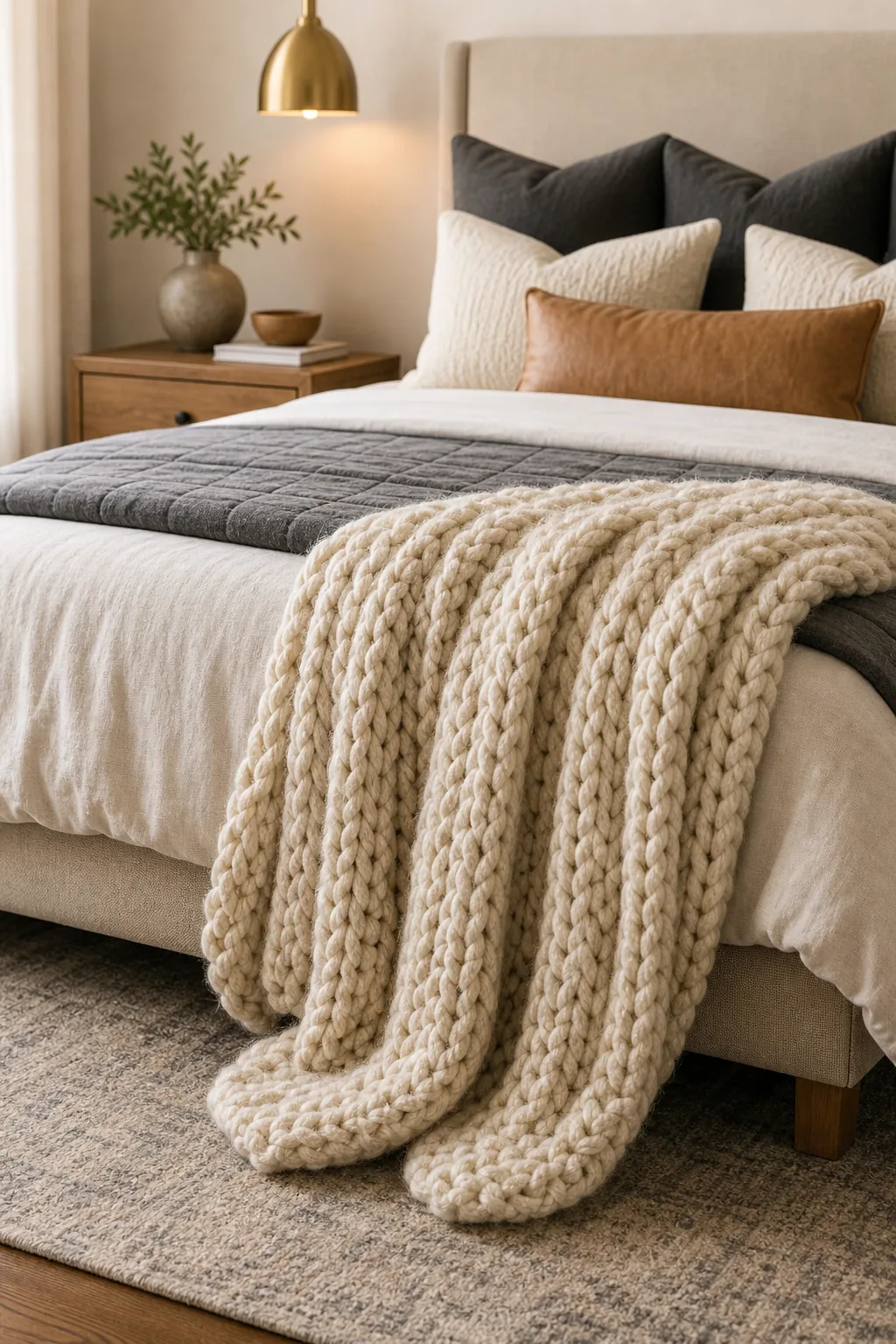 A thick chunky knit throw blanket draped over smooth linen bedding at the foot of a bed.