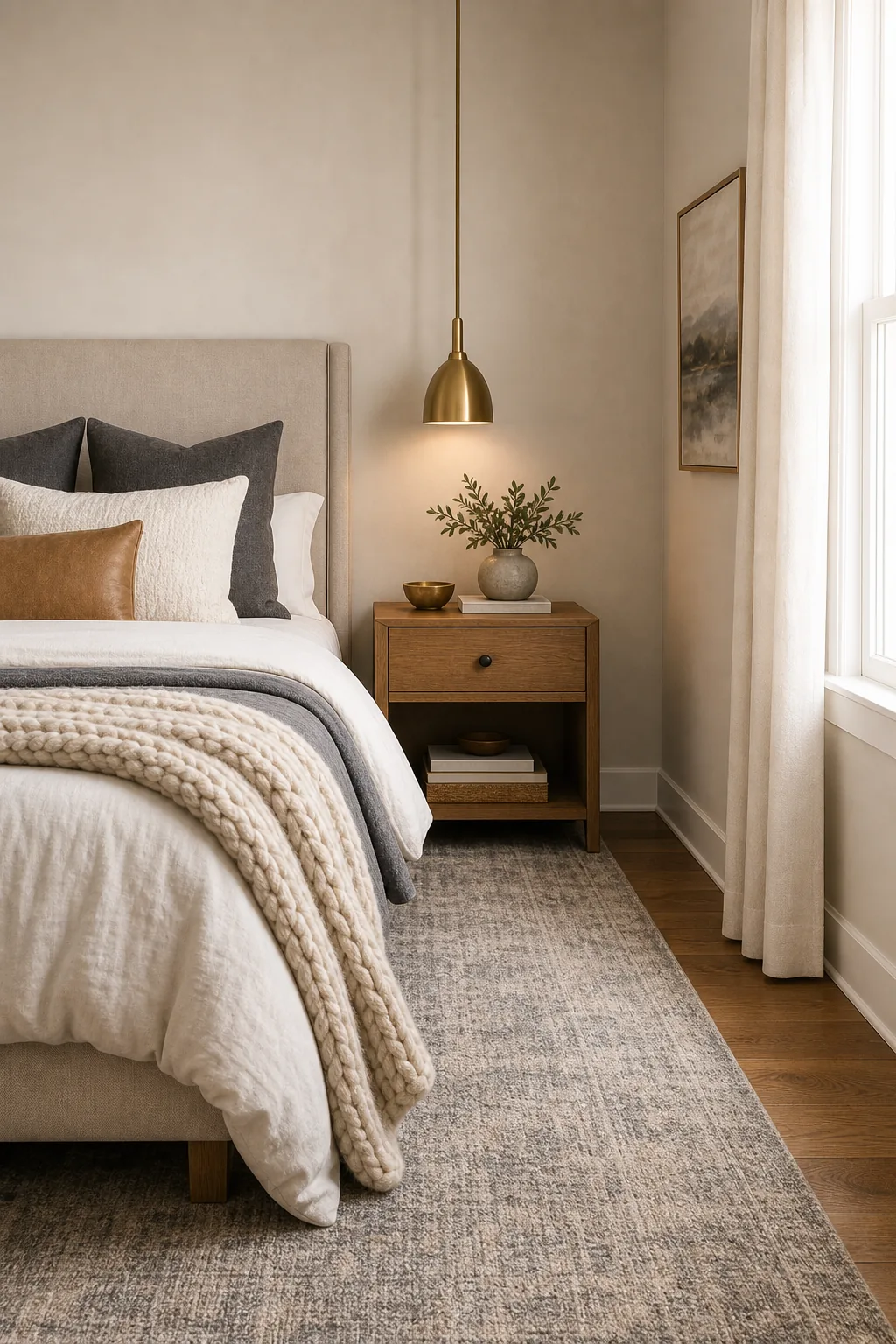A view down the side of a bed showing a warm oak nightstand below a sleek brass pendant light.