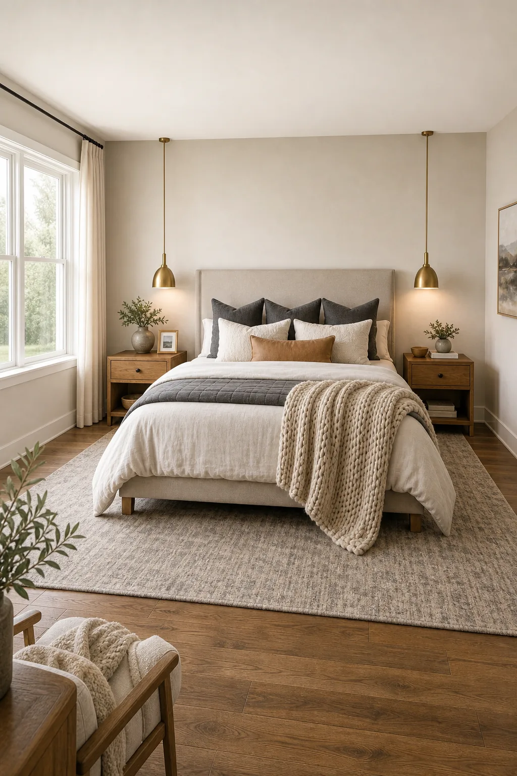 A wide view of a bedroom corner showing proper spacing between the bed, rug, and walls.