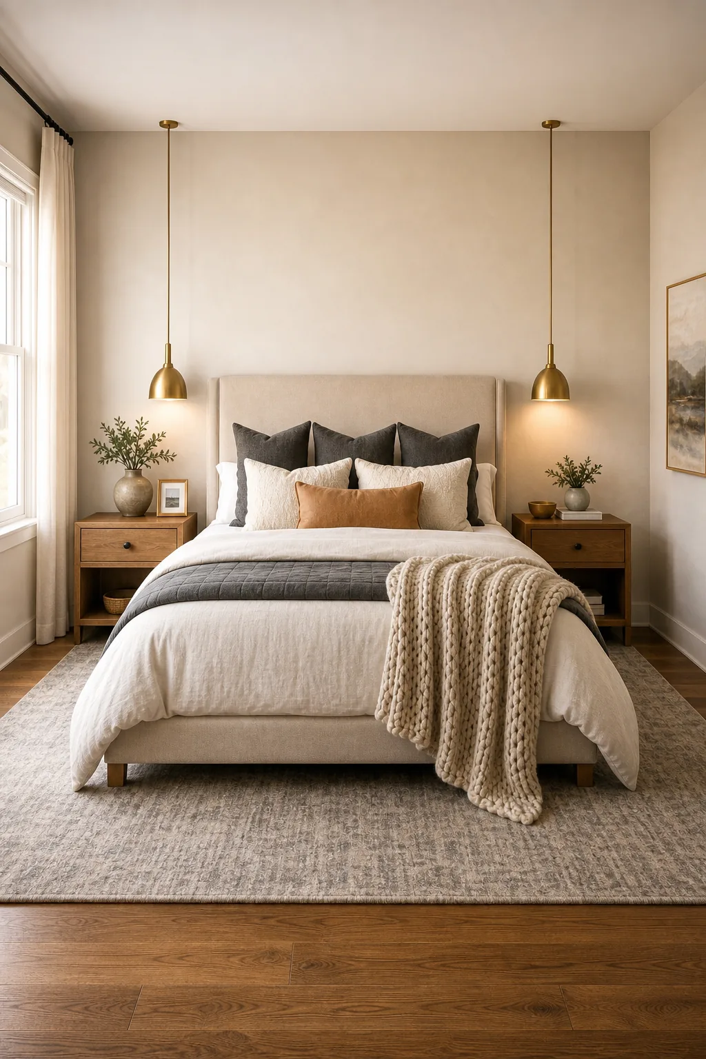 A perfectly styled, symmetrical master bedroom featuring a king bed, matching nightstands, and dual brass pendants.