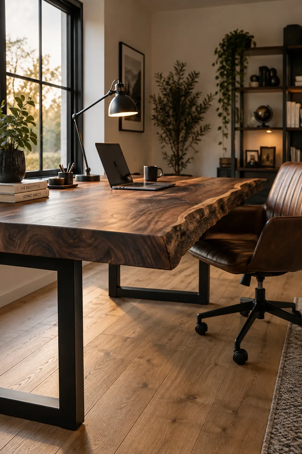 Dark wood desk with live edge in modern office