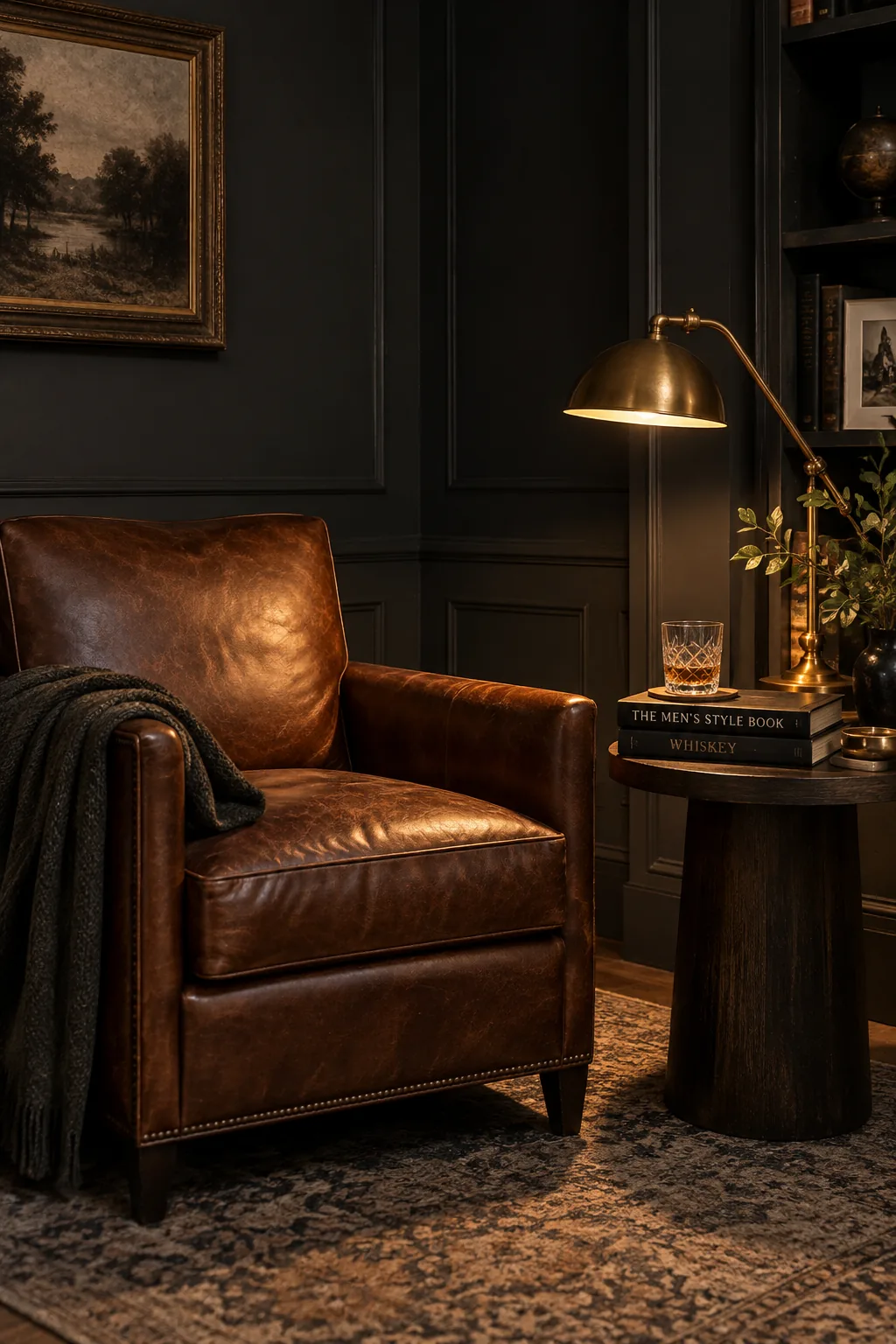 Monochromatic charcoal gray office walls with cognac leather chair