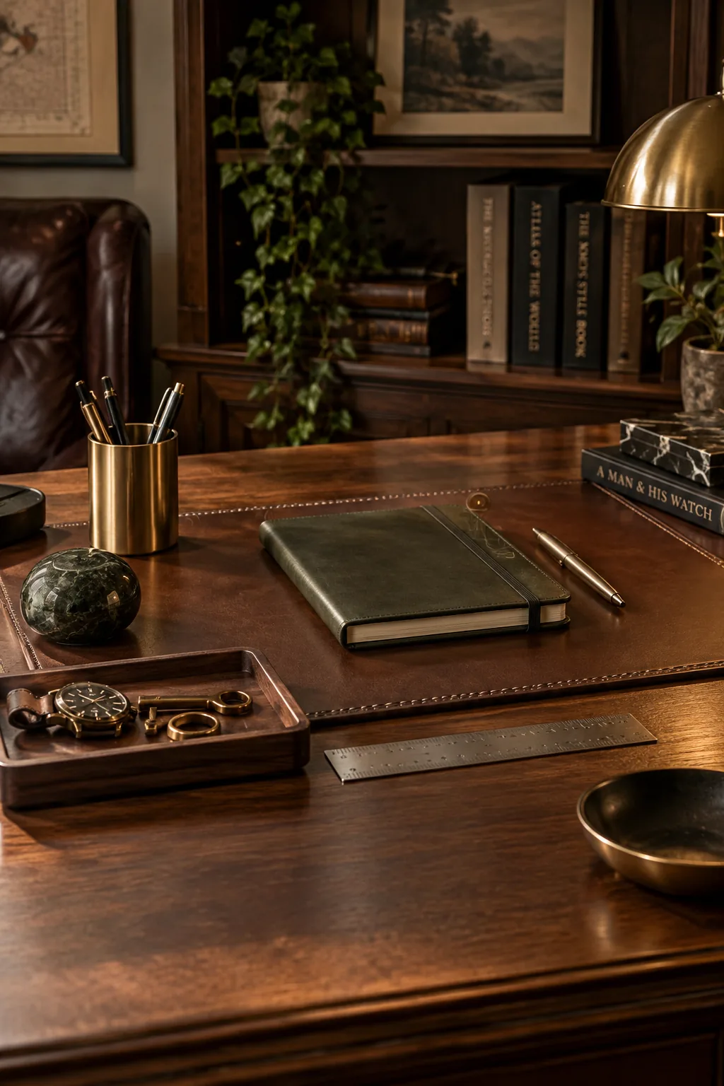 Stitched leather desk pad and concrete pen cup