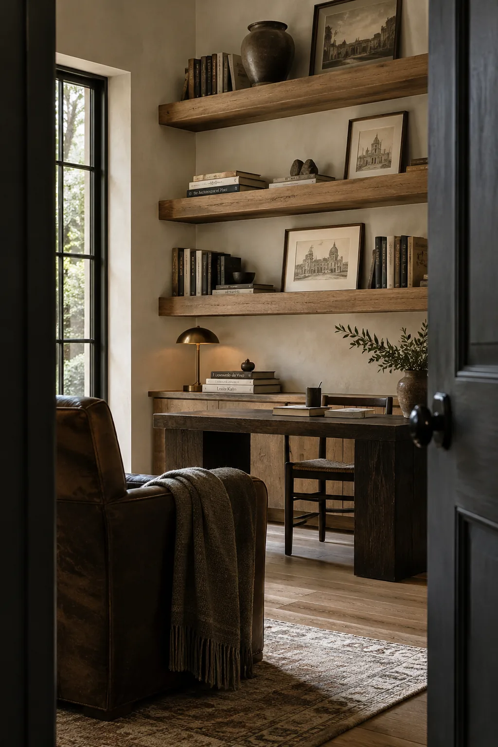Chunky wood floating shelves with art books