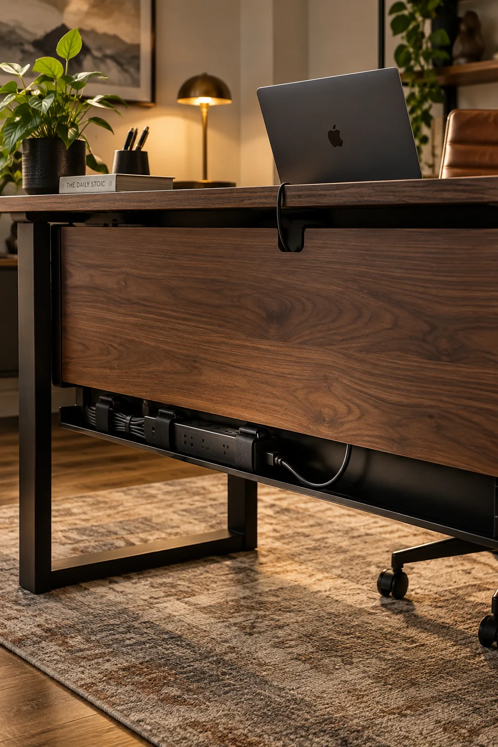 Desk with sleek modesty panel hiding cables