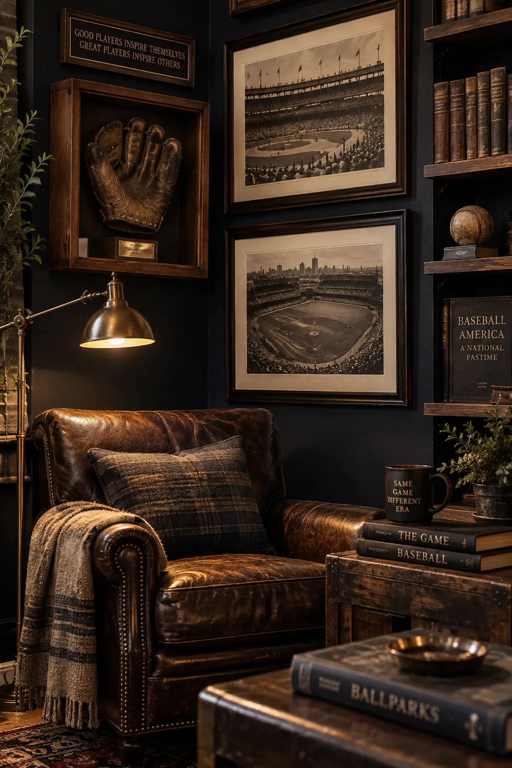 Vintage baseball glove in shadow box on wall
