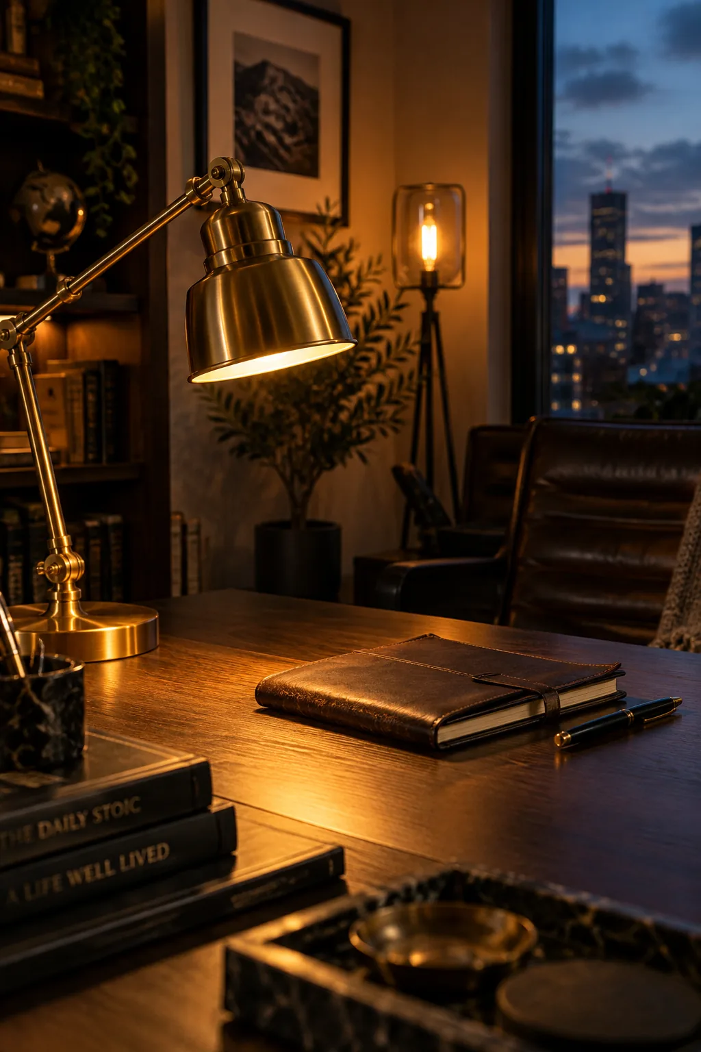 Architectural desk lamp on dark wooden desk