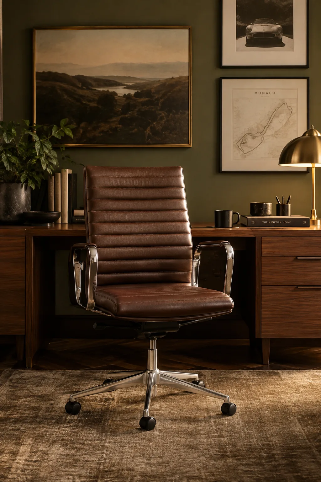 Mid-century modern ribbed leather executive chair