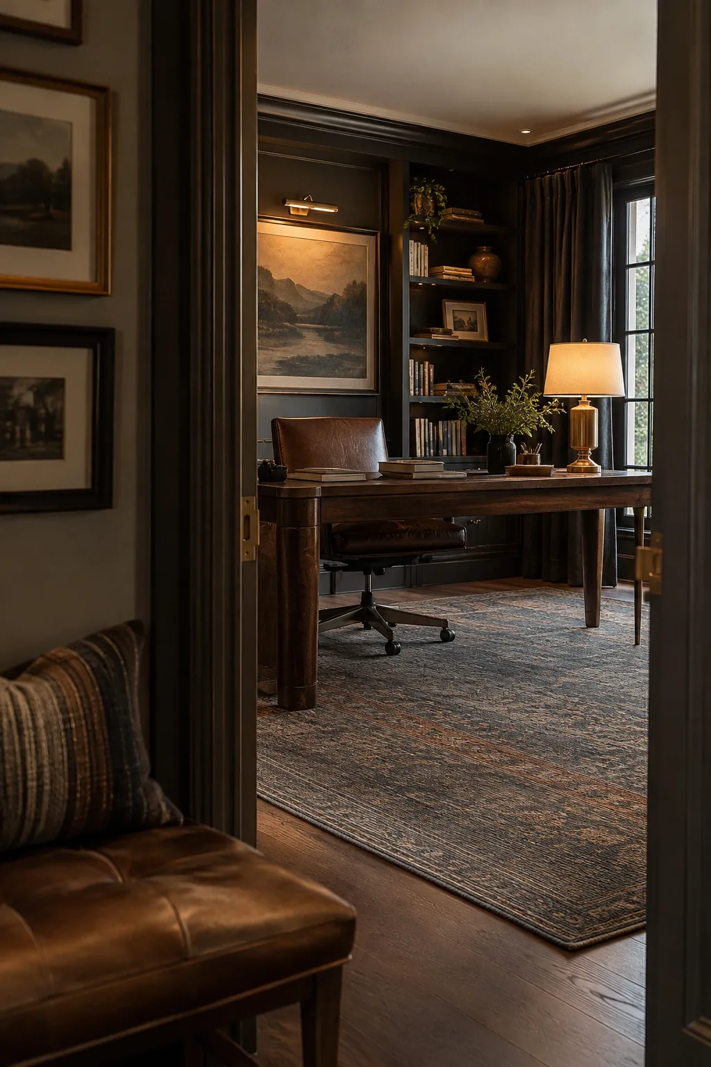 Faded vintage Persian rug under home office desk