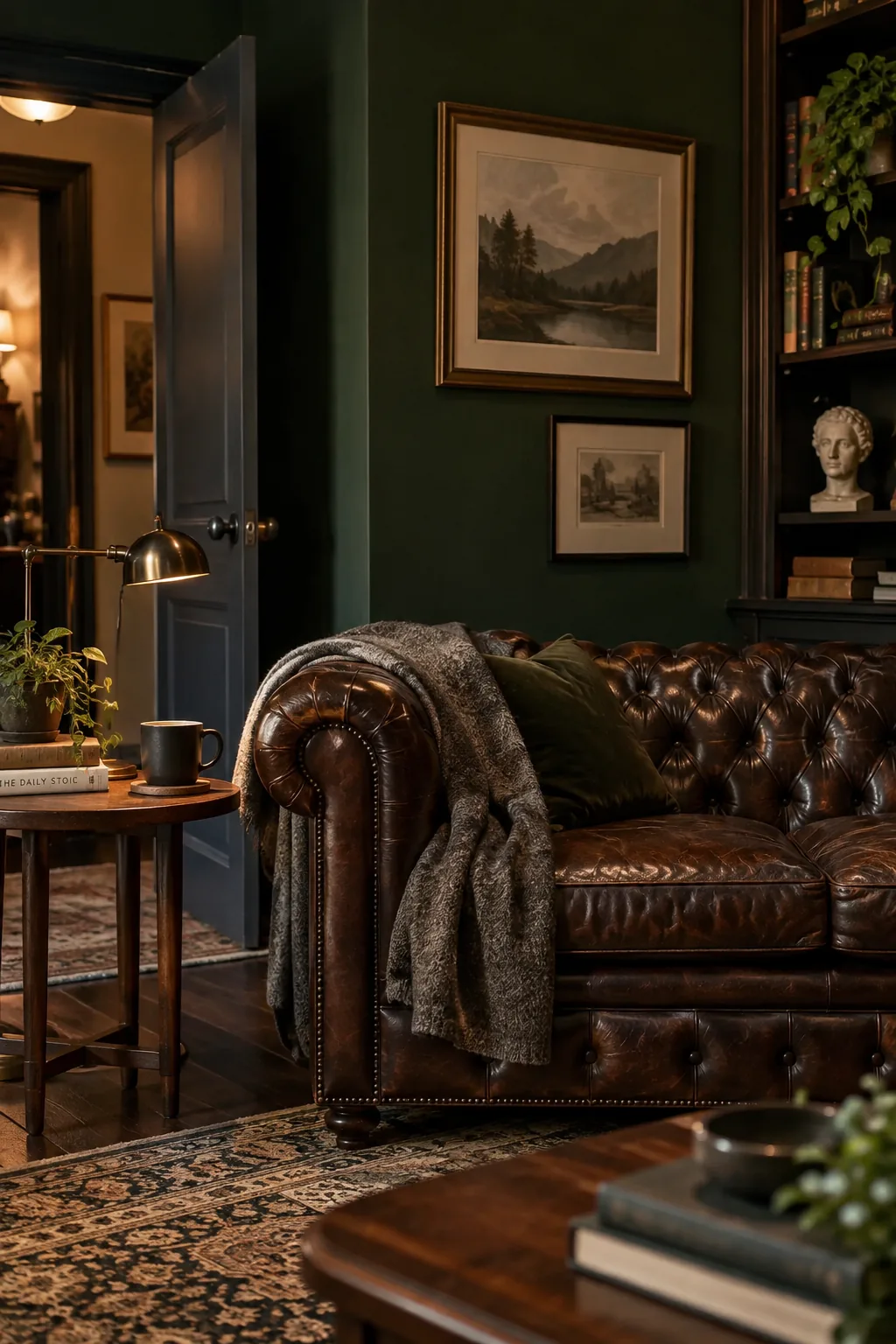 Tufted leather sofa in home office corner