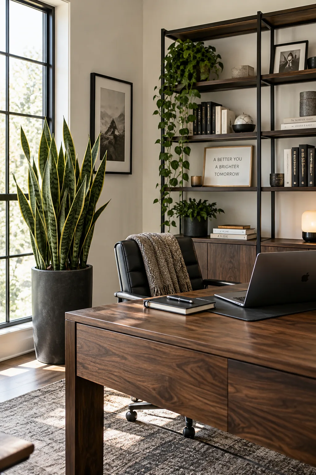 Tall snake plant in matte charcoal planter