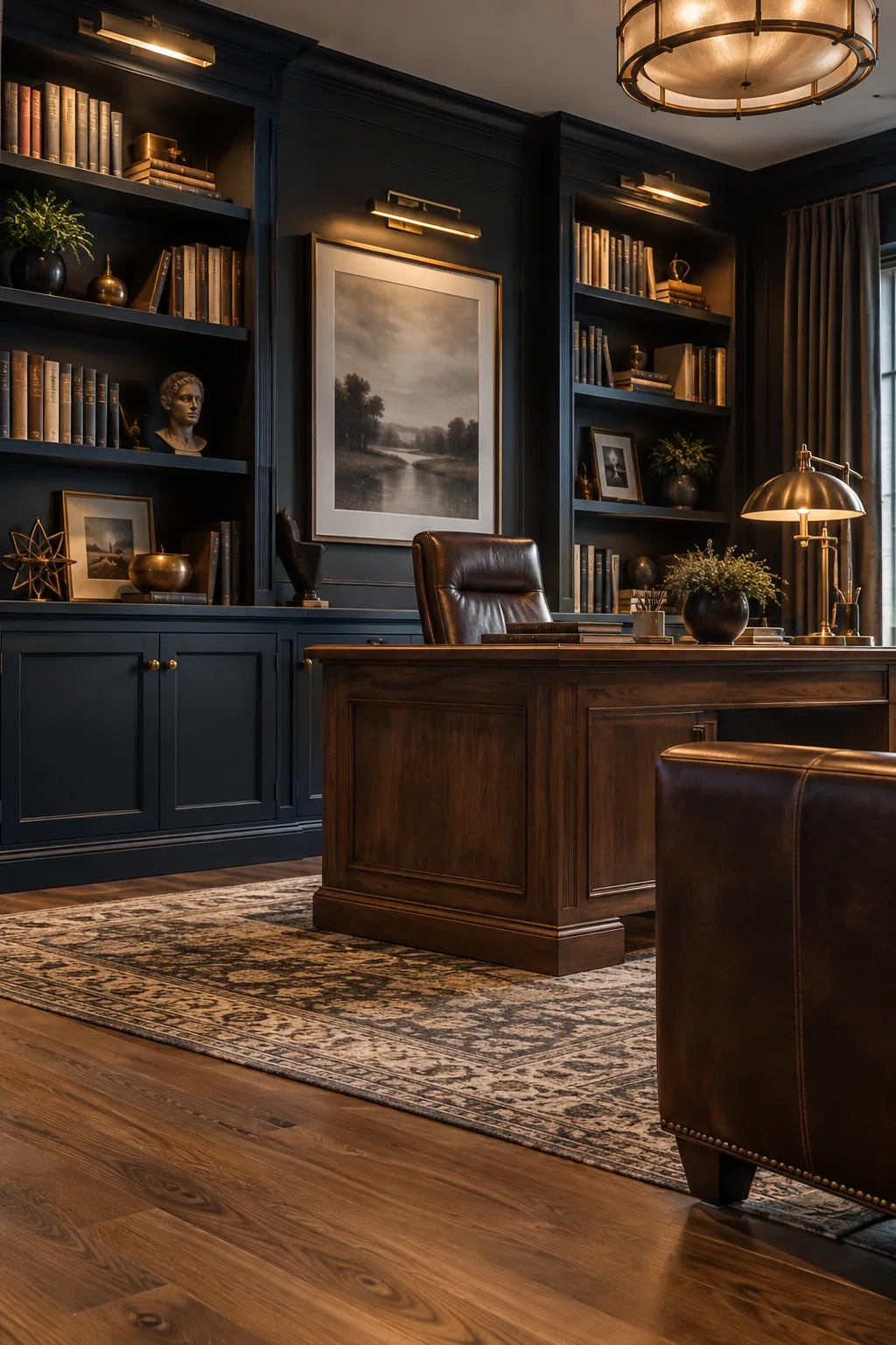 Symmetrical dark bookshelves flanking a wooden desk