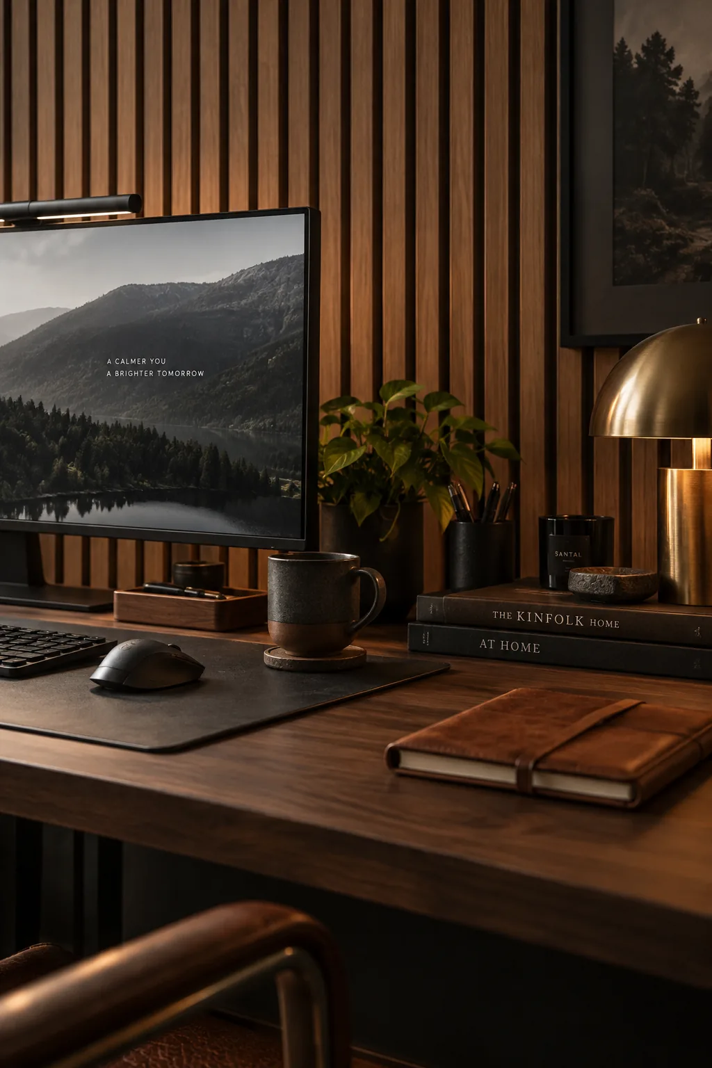 Wood slat accent wall behind computer monitors
