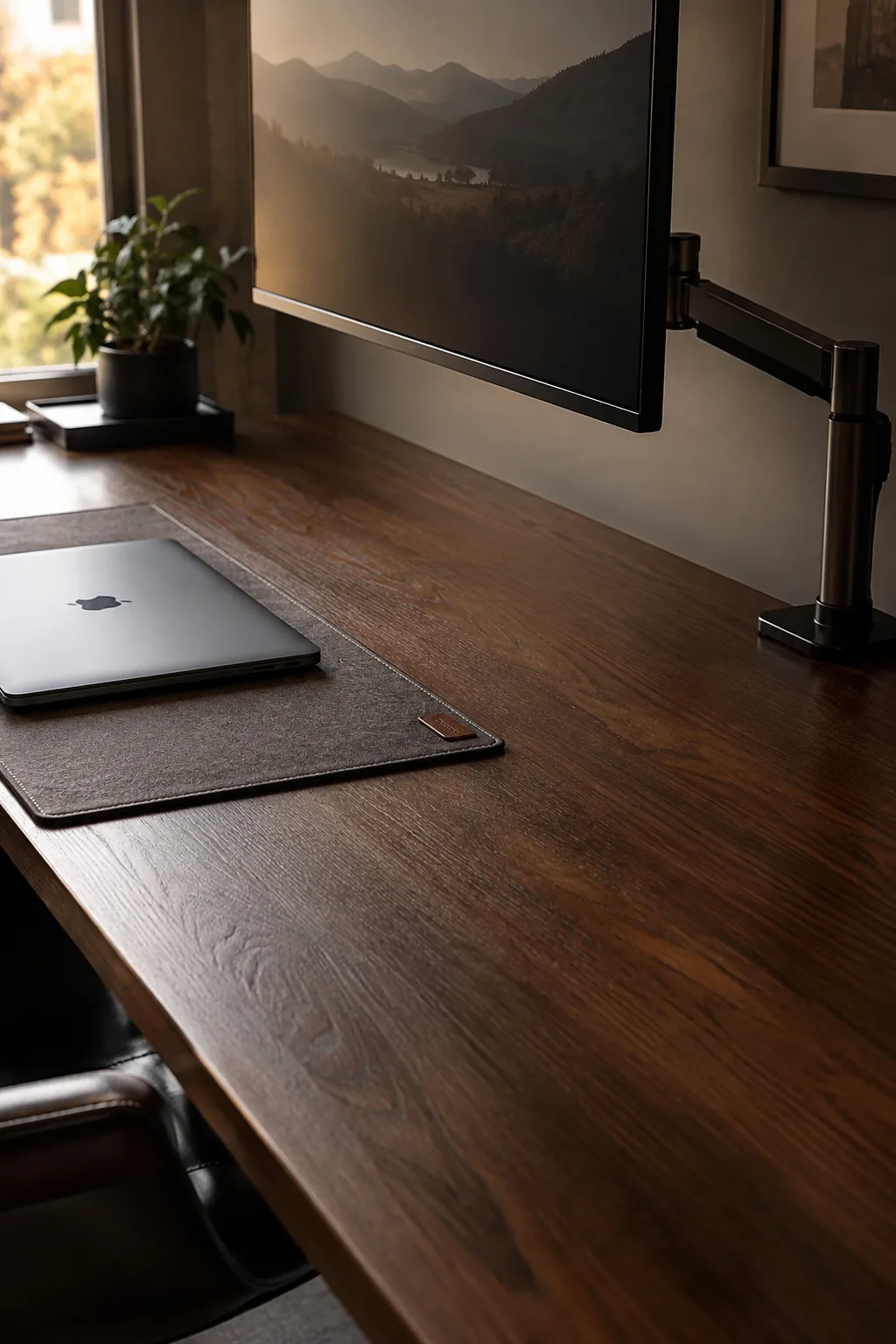 Minimalist bare desktop with laptop and monitor arms