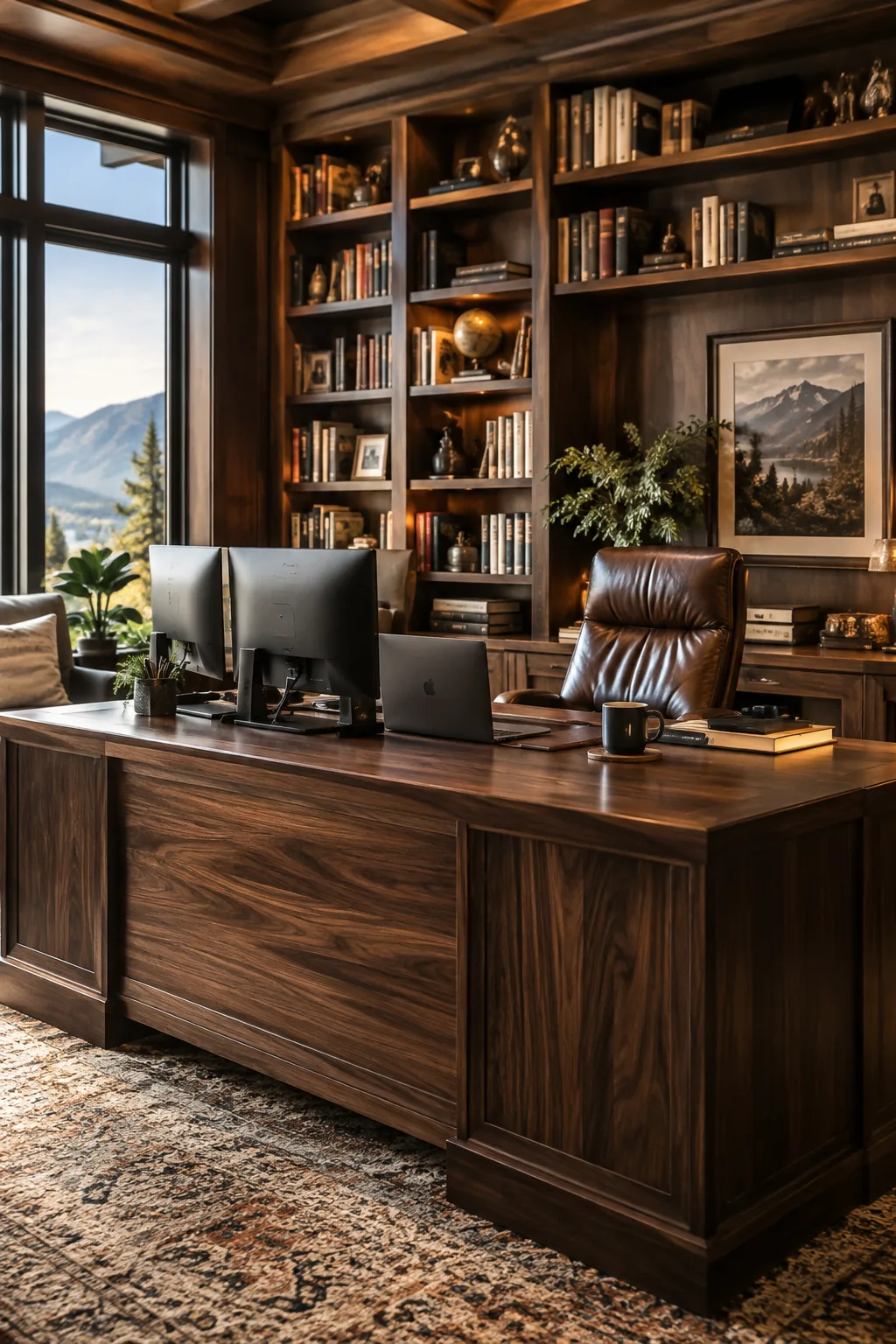 Large wood executive desk placed in the center of a dark home office
