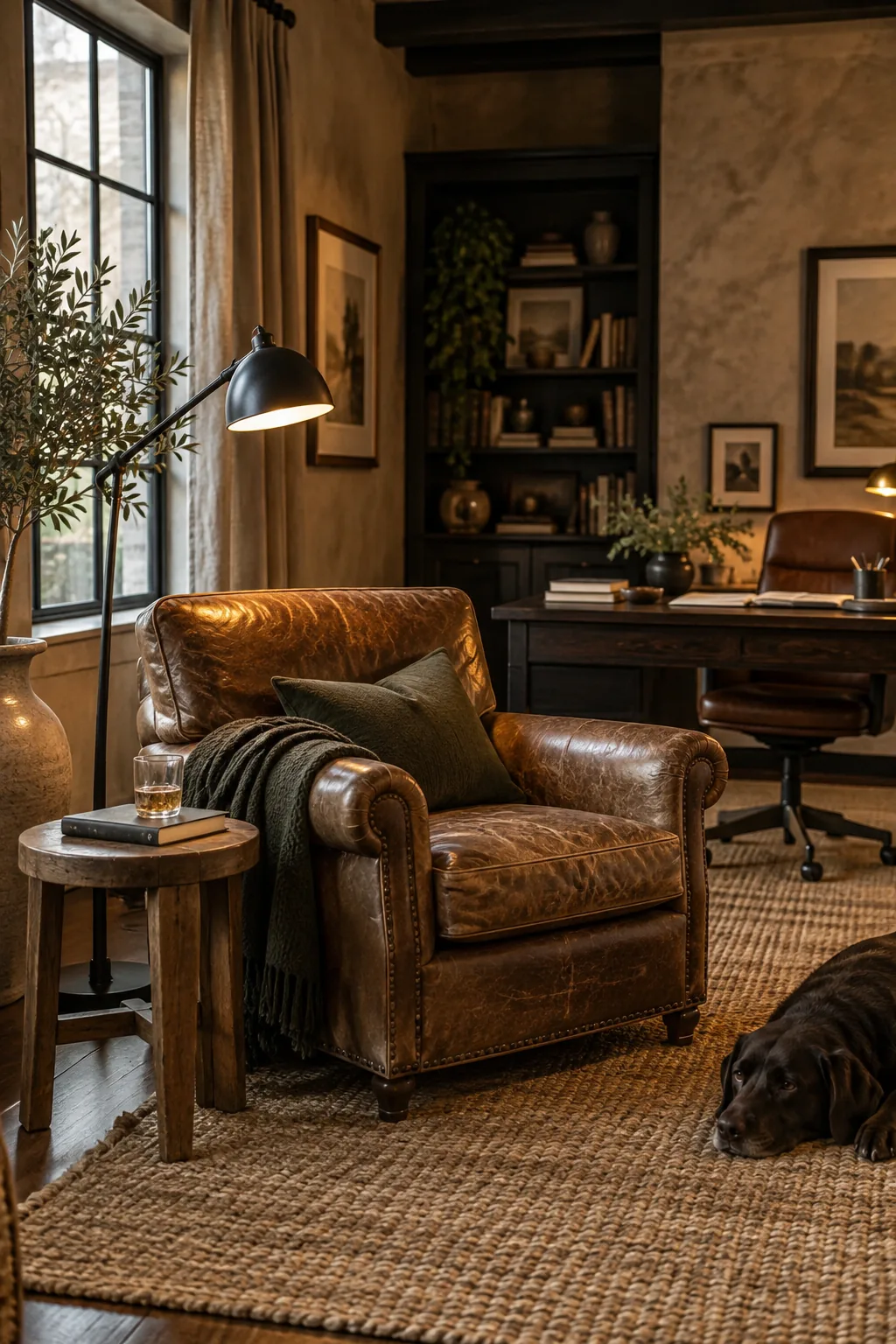 Distressed leather armchair next to a black floor lamp in an office corner