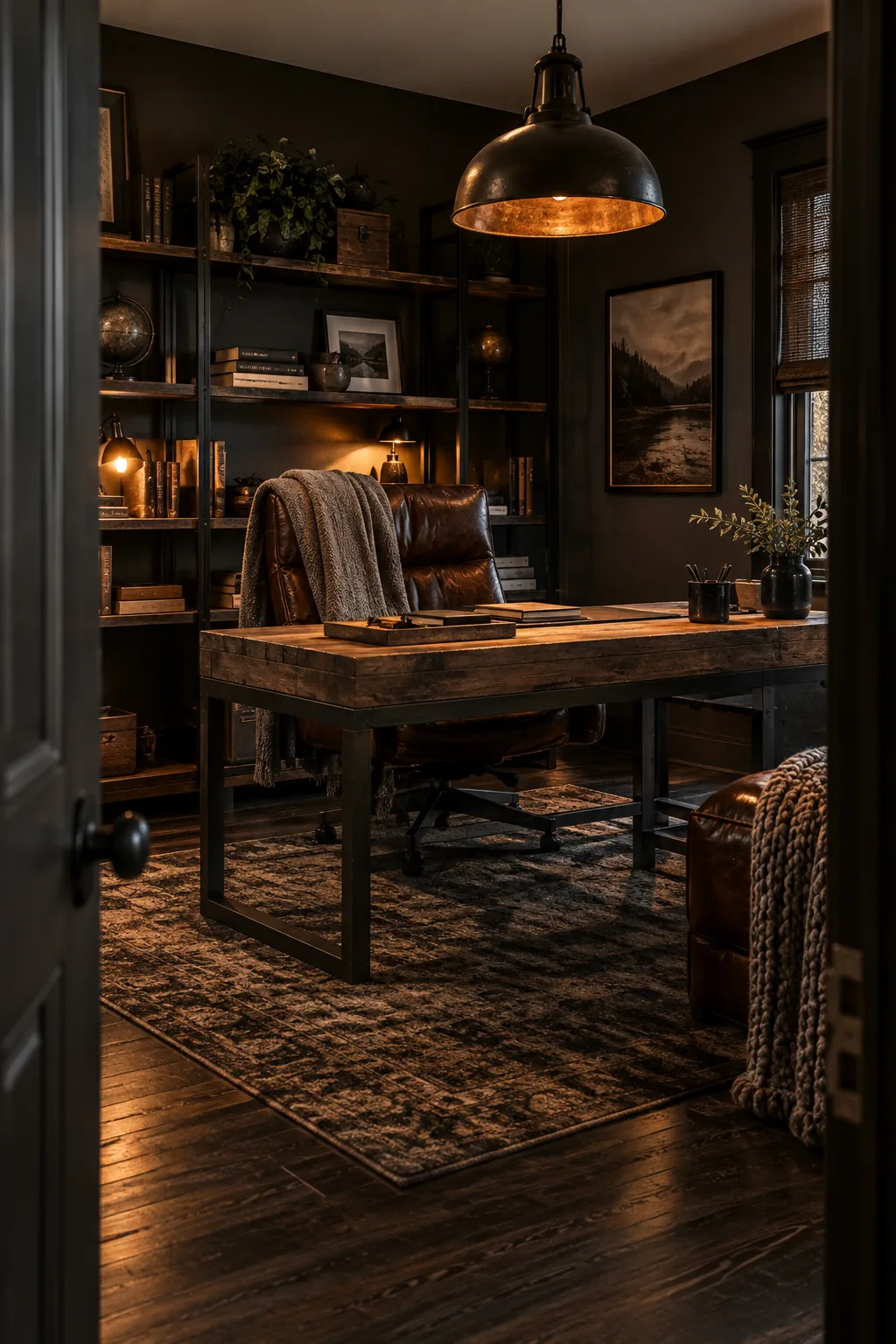 Home office with charcoal walls, walnut shelves, and brass accents