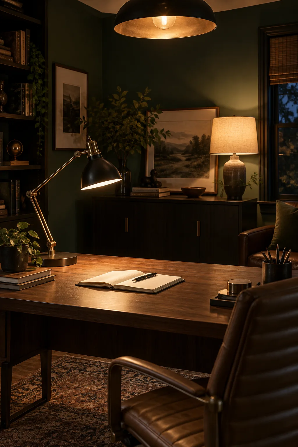 Mens office desk with an adjustable black brass task lamp