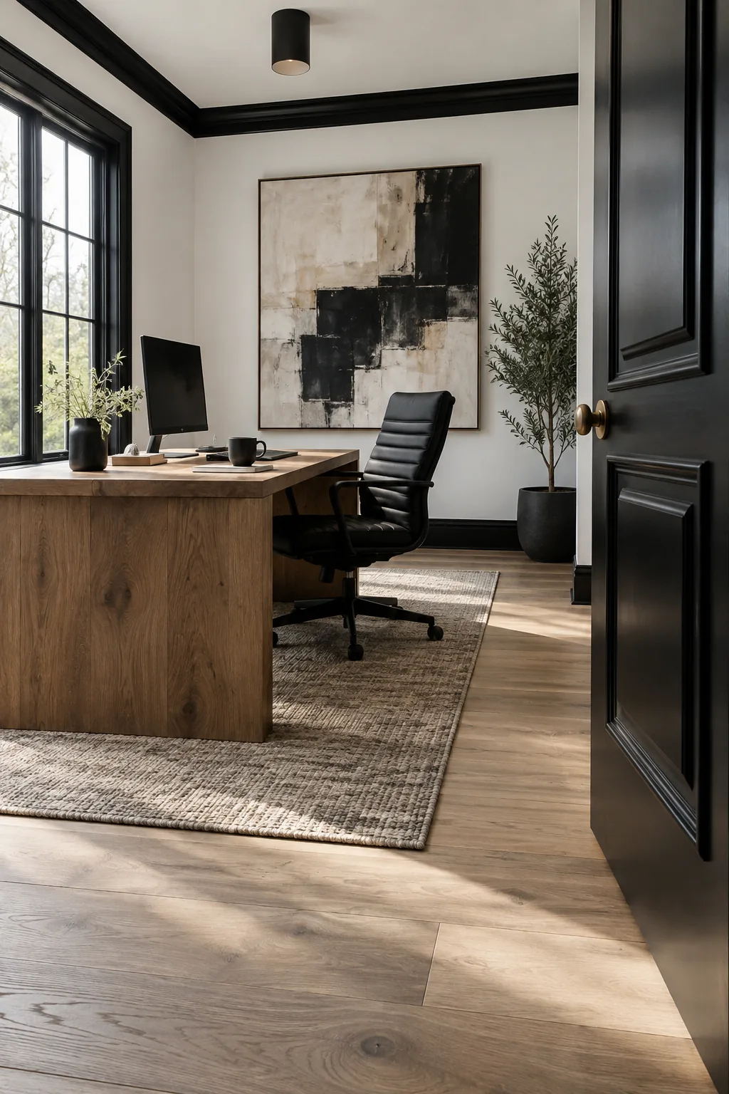 Home office with crisp white walls and stark black painted trim