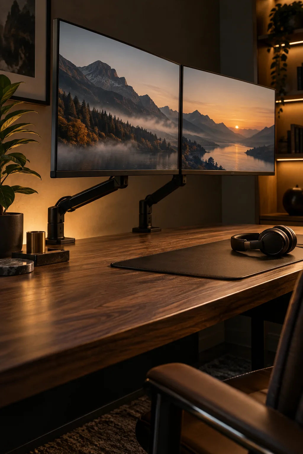 Dual computer monitors mounted on black articulated arms above a clean desk