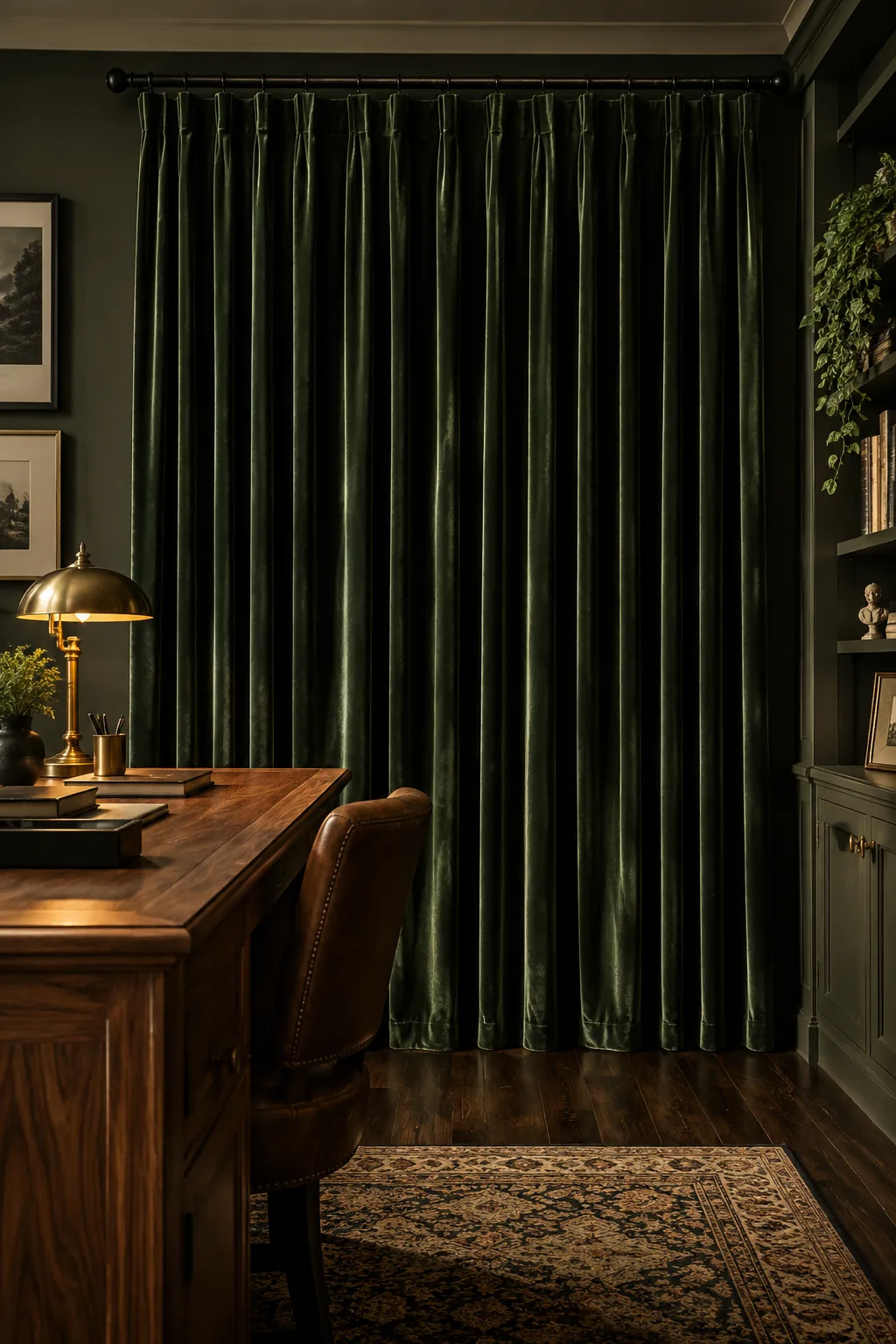 Heavy velvet curtains covering a closet in a dark home office