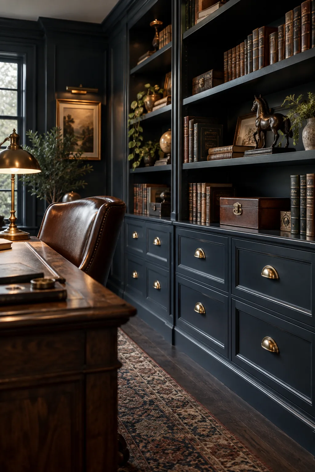 Wall of navy blue built-in cabinets with brass cup pulls